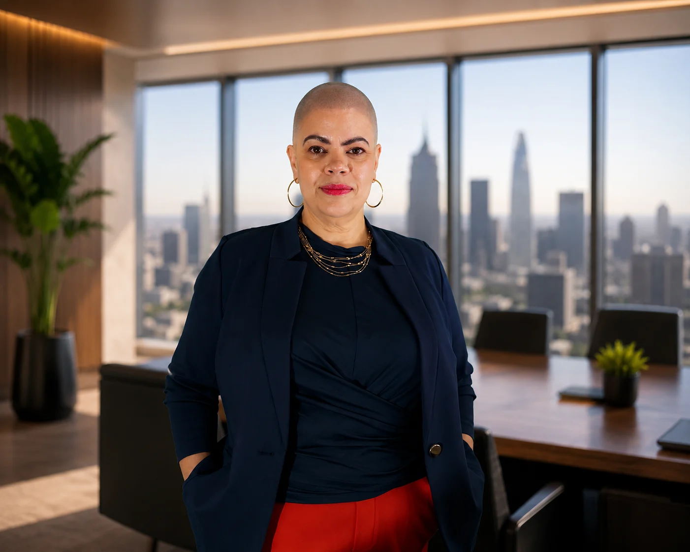In the boardroom, the city behind her