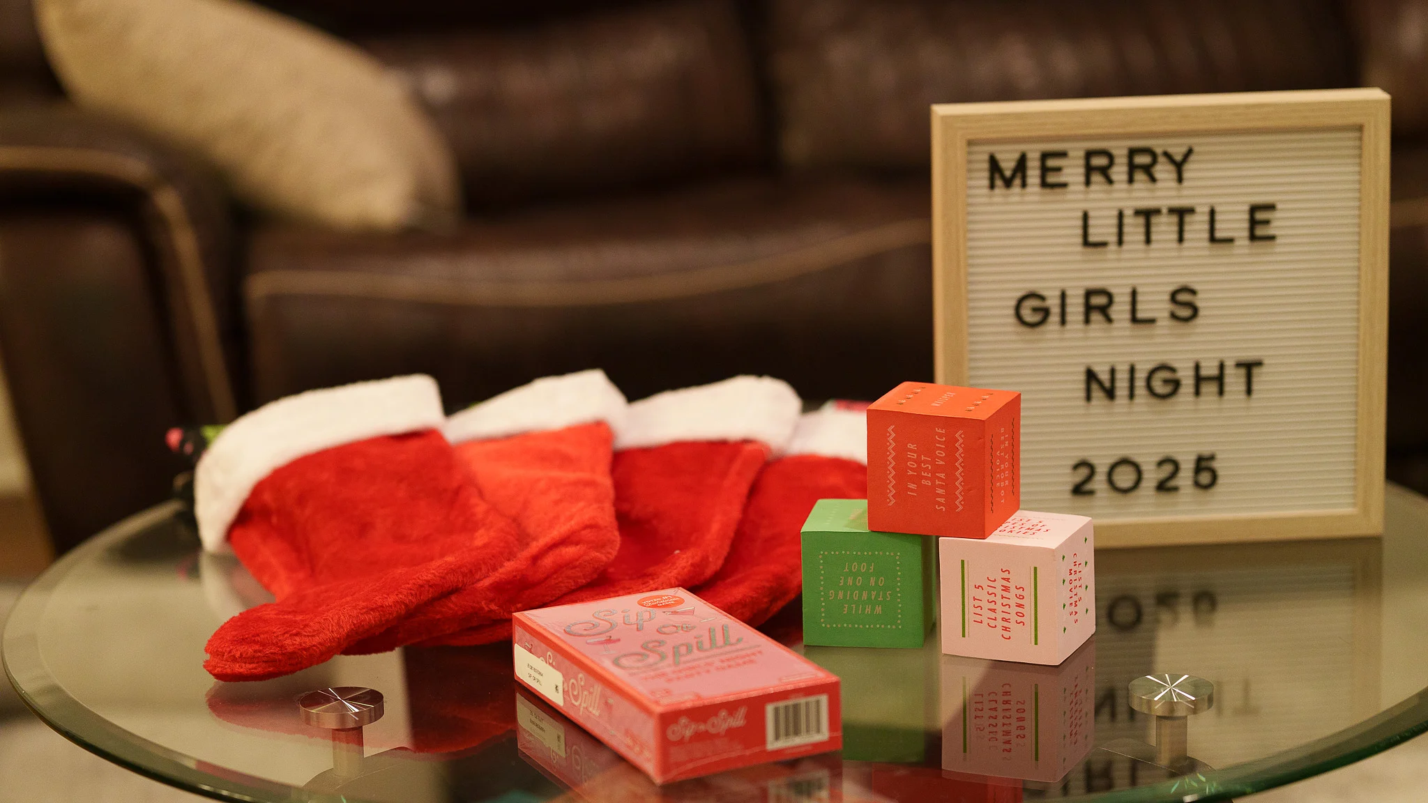 Stockings and gifts on the glass table