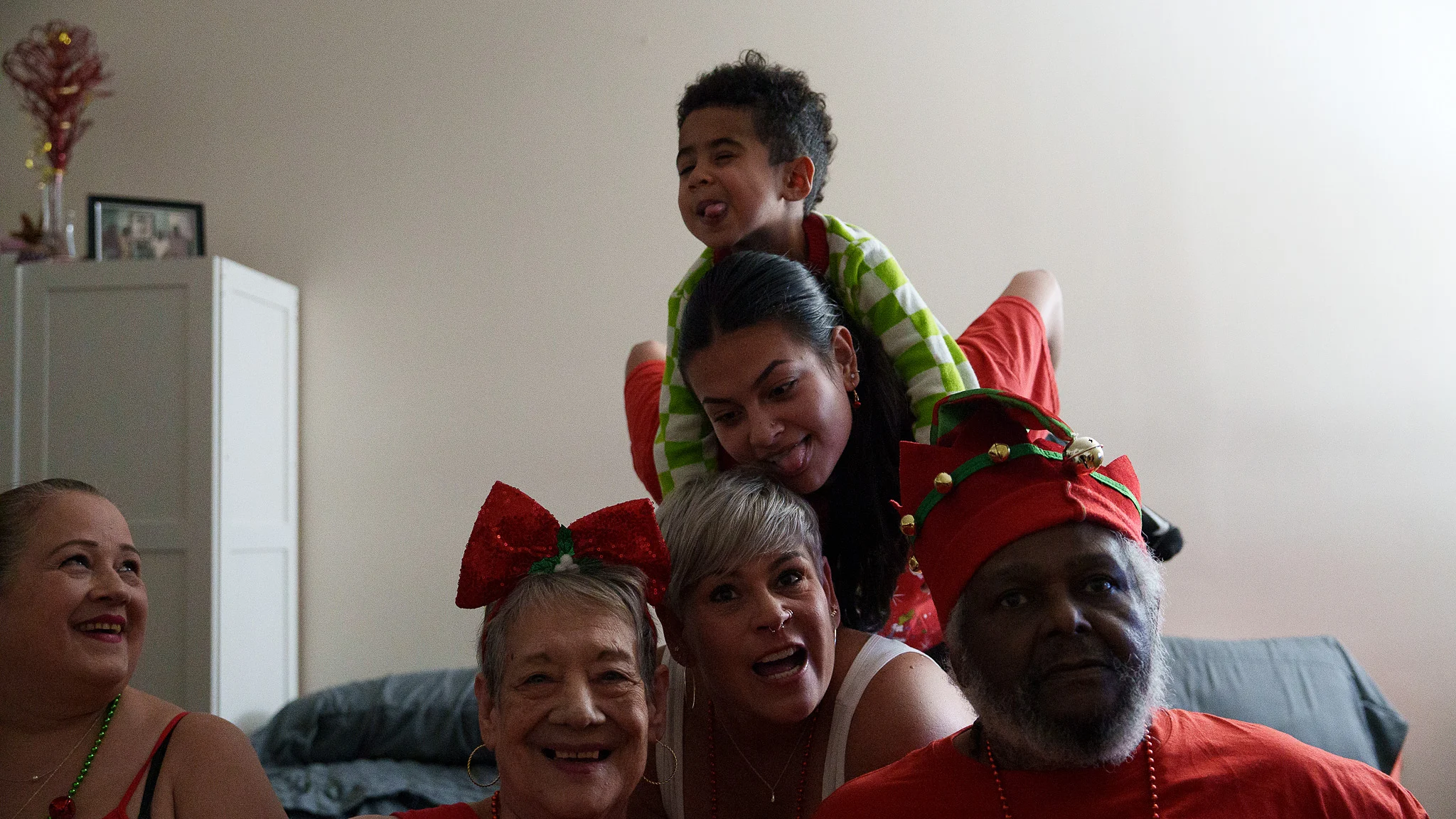 The sofa again, elf hats and laughing
