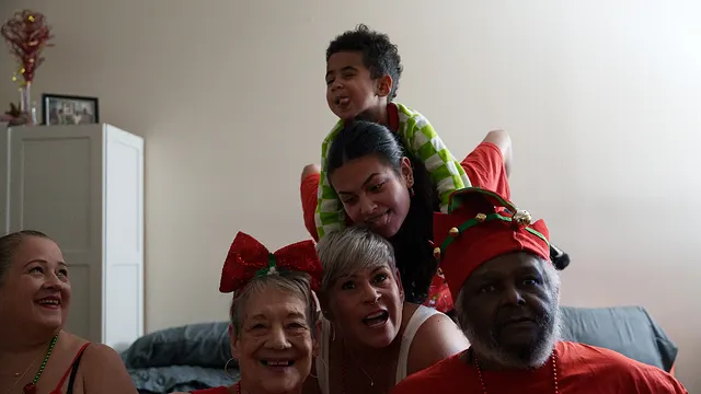 The sofa again, elf hats and laughing