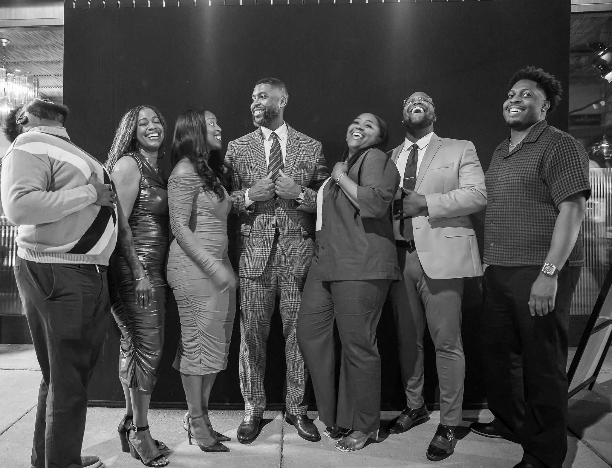 The whole crew, in black and white
