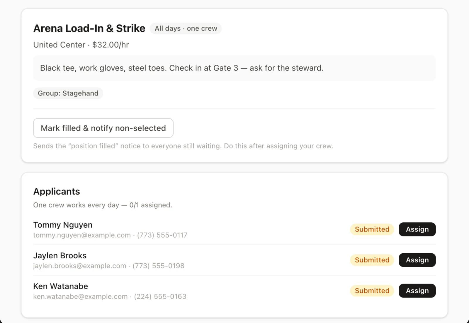 Dispatch assignment workflow with demonstration data