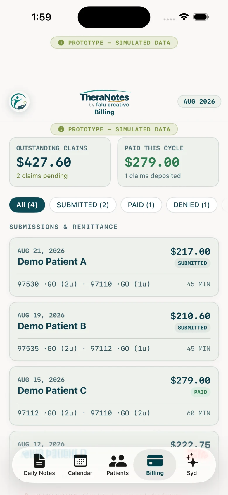 TheraNotes Billing native prototype, simulated data